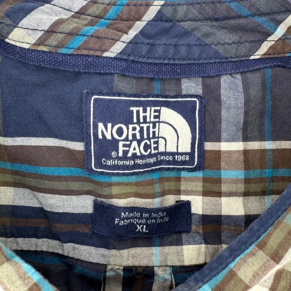 The North Face Button Down Shirt Mens XL Blue Brown Plaid Long Sleeve Cotton